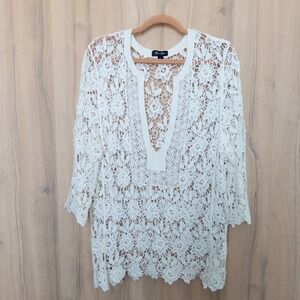 Womens Lace Crochet Top Size L White V Neck Boho Cottage Coastal Resort Romantic